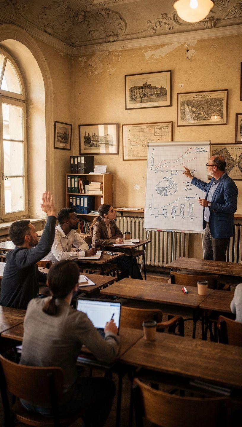 Oktató előadás személyes pénzügyekről, jegyzetekkel és könyvekkel a tanulás támogatására egy modern tanteremben.